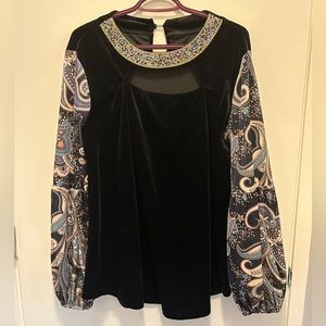 Boho beaded velvet bubble sleeve blouse